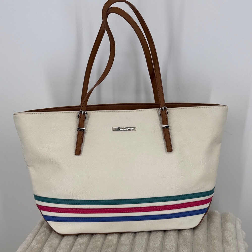 Nine West Cream Tote Bag with Brown Handles and Multicolor Stripes 18.5” x 11”